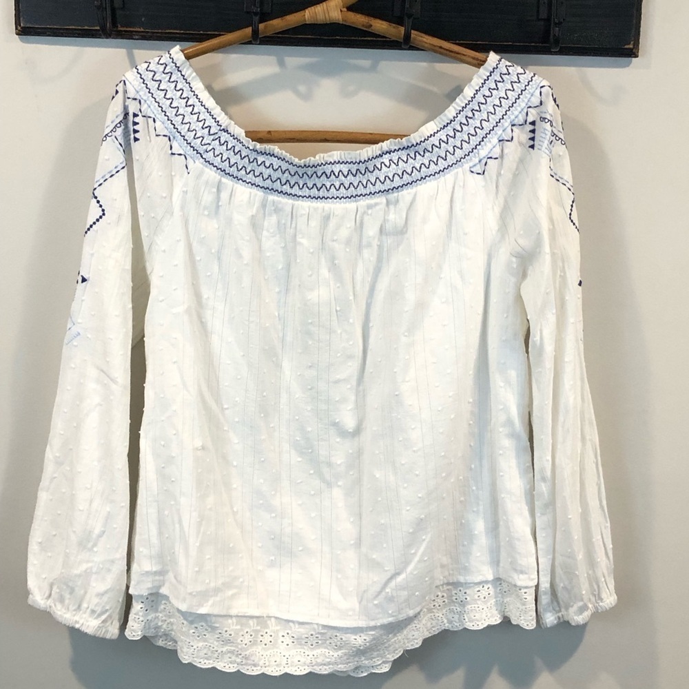 Skies Are Blue Boho Southwestern Embroidered Swiss Dot Off Shoulder Eyelet Top - Picture 5 of 7